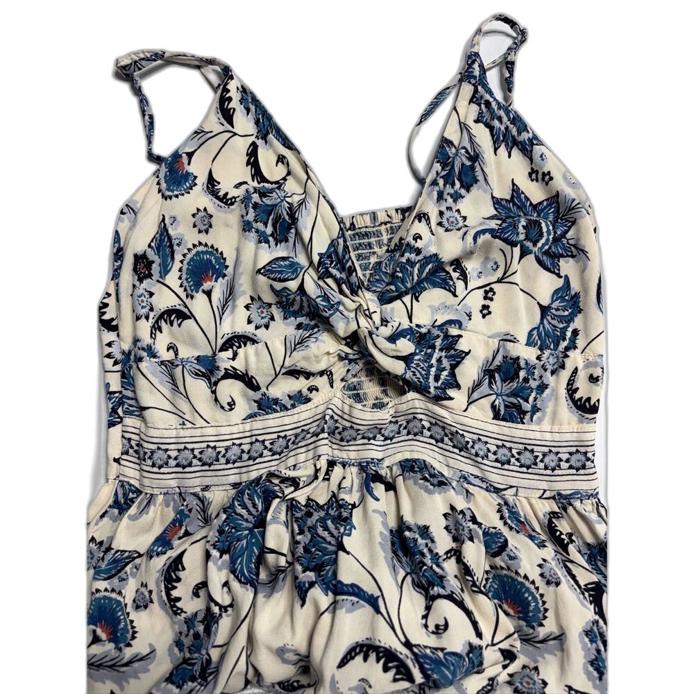Angie Twist Front Keyhole Maxi Spring Dress Smocked Boho Tropical Blue & White L - Picture 2 of 8